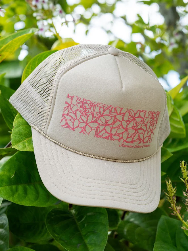 HIC PINK PLUMERIA TRUCKER HAT - KHAKI